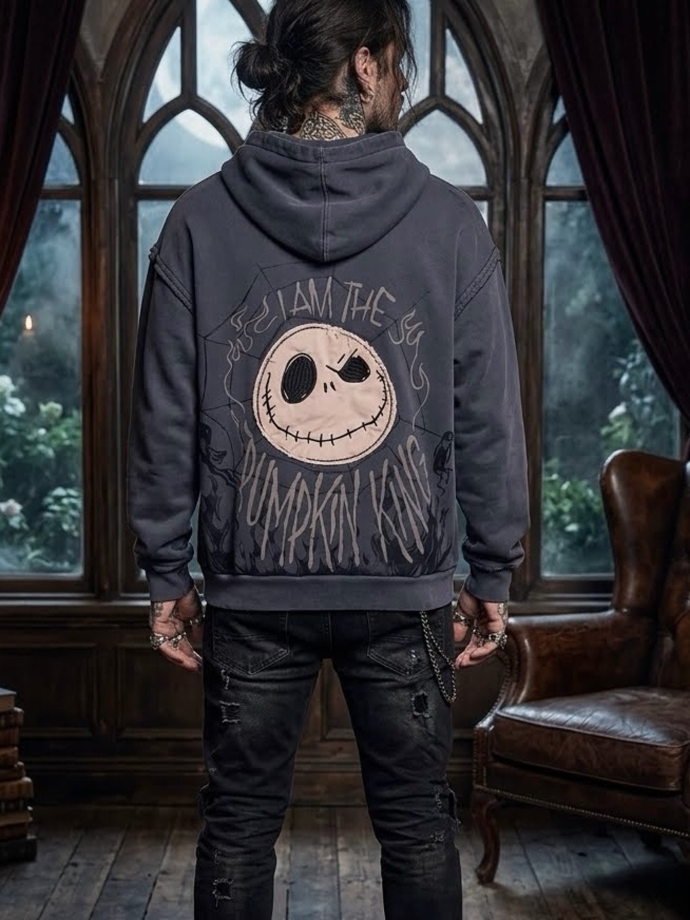 Dark Graphic Hoodie with Jack Skellington Pumpkin Design